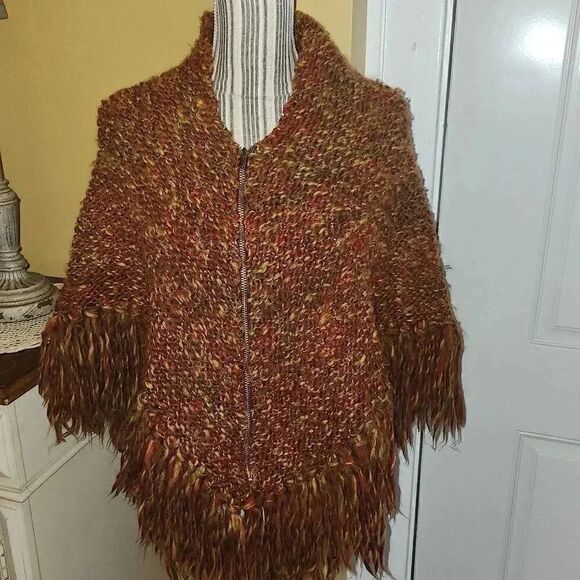 Handmade knitted rust and brown poncho women Small/Medium - Picture 2 of 8